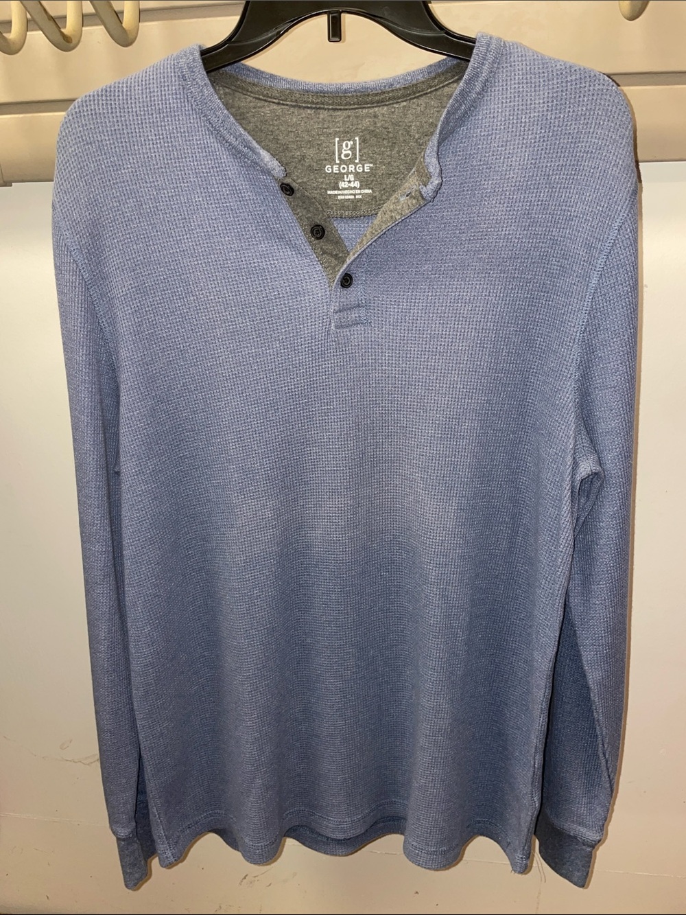 George Light Blue Long-Sleeve Waffle Henley with Gray Placket